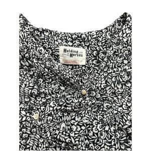 Holding Horses Women’s 2 Blouse Bird Print Button Up Shirt Roll Tab Sleeve Top